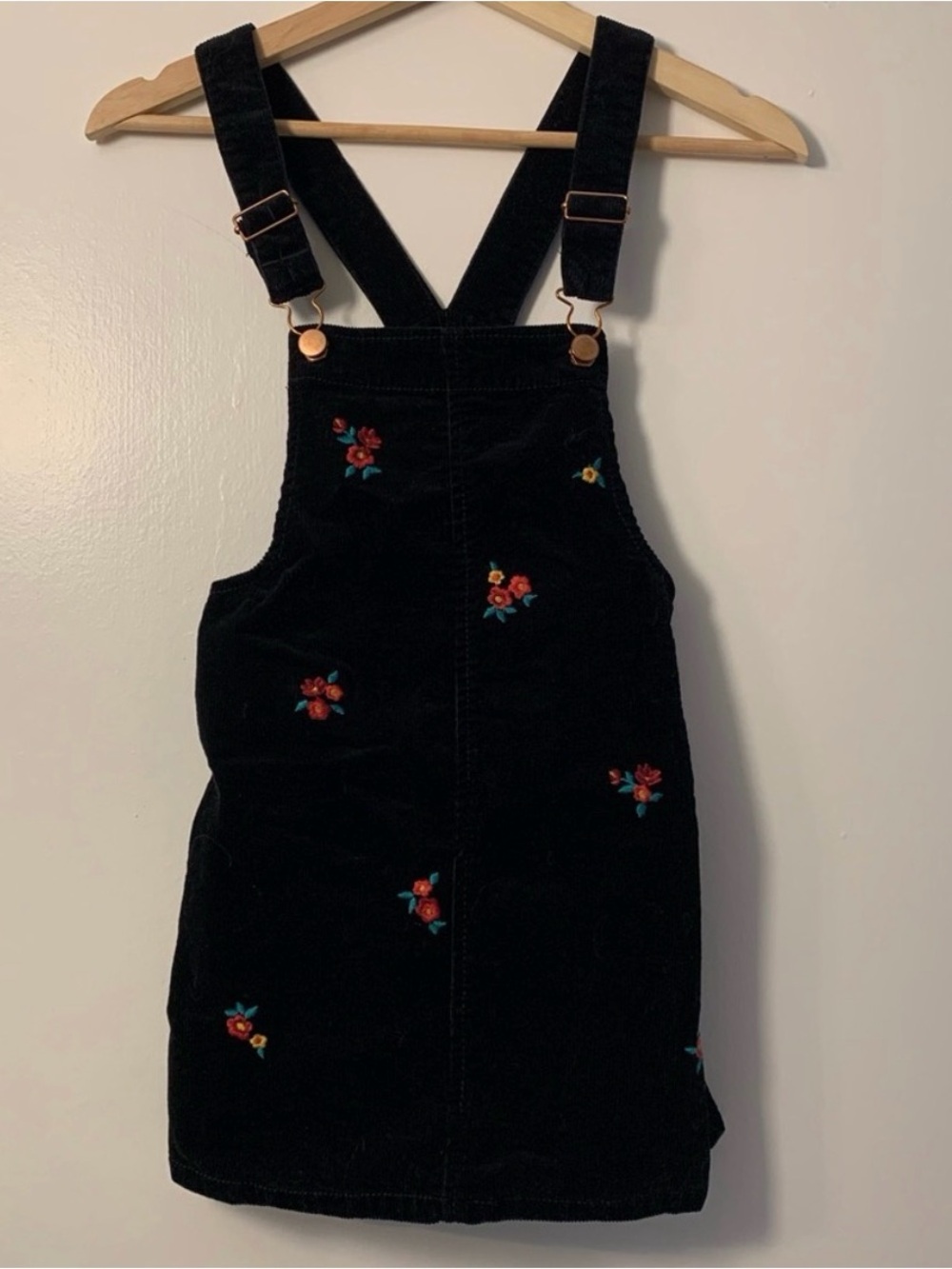 Black Embroidered Corduroy Pinafore Dress for Girls